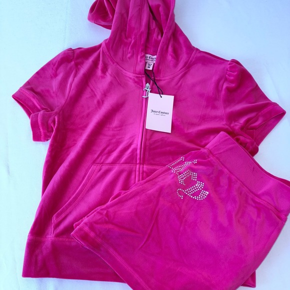 Juicy Couture Vixen Pink Velour Short Sleeve Hoodie & Shorts Set Rhinestone M - Picture 2 of 11